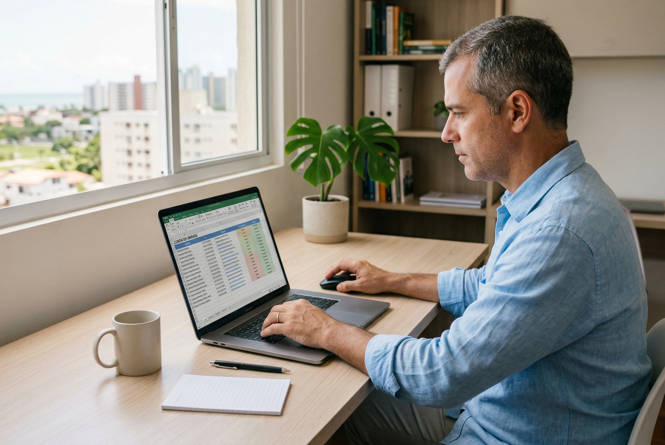 Homem organizado trabalhando no computador para gerenciar contatos de clientes imobiliários
