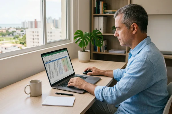 Homem organizado trabalhando no computador para gerenciar contatos de clientes imobiliários